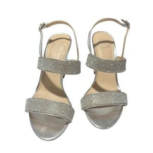 I. Miller Silver Rhinestone Strappy Sandals  Metallic Evening Block Heels SZ:7.5